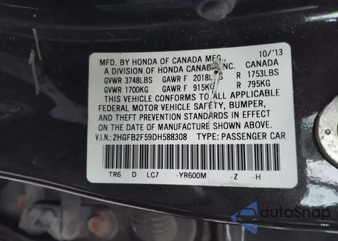 2013 Honda Civic Lx z USA, uszkodzony, nr VIN 2HGFB2F59DH588308